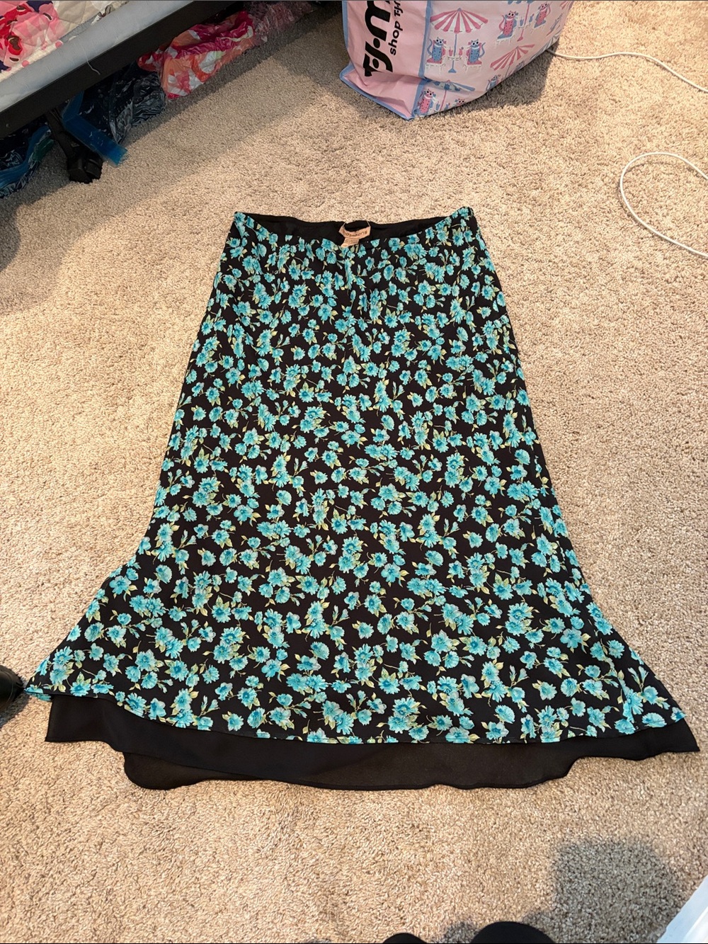Y2k Notations Black Maxi Skirt with Teal Floral Print